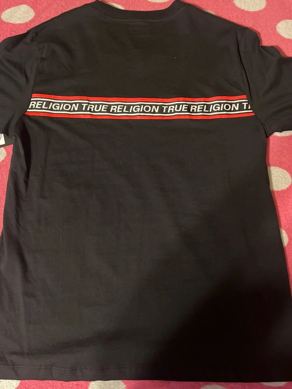 True Religion Black Short-Sleeve Tee with Red & White Logo Band
